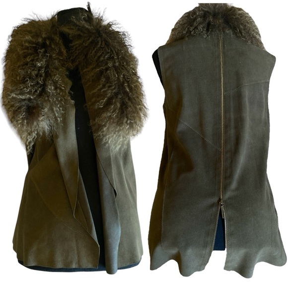 PER SE Lamb Suede Mongolian Fur Trimmed Vest Green Goth Boho Size 4 NWT - Picture 1 of 15